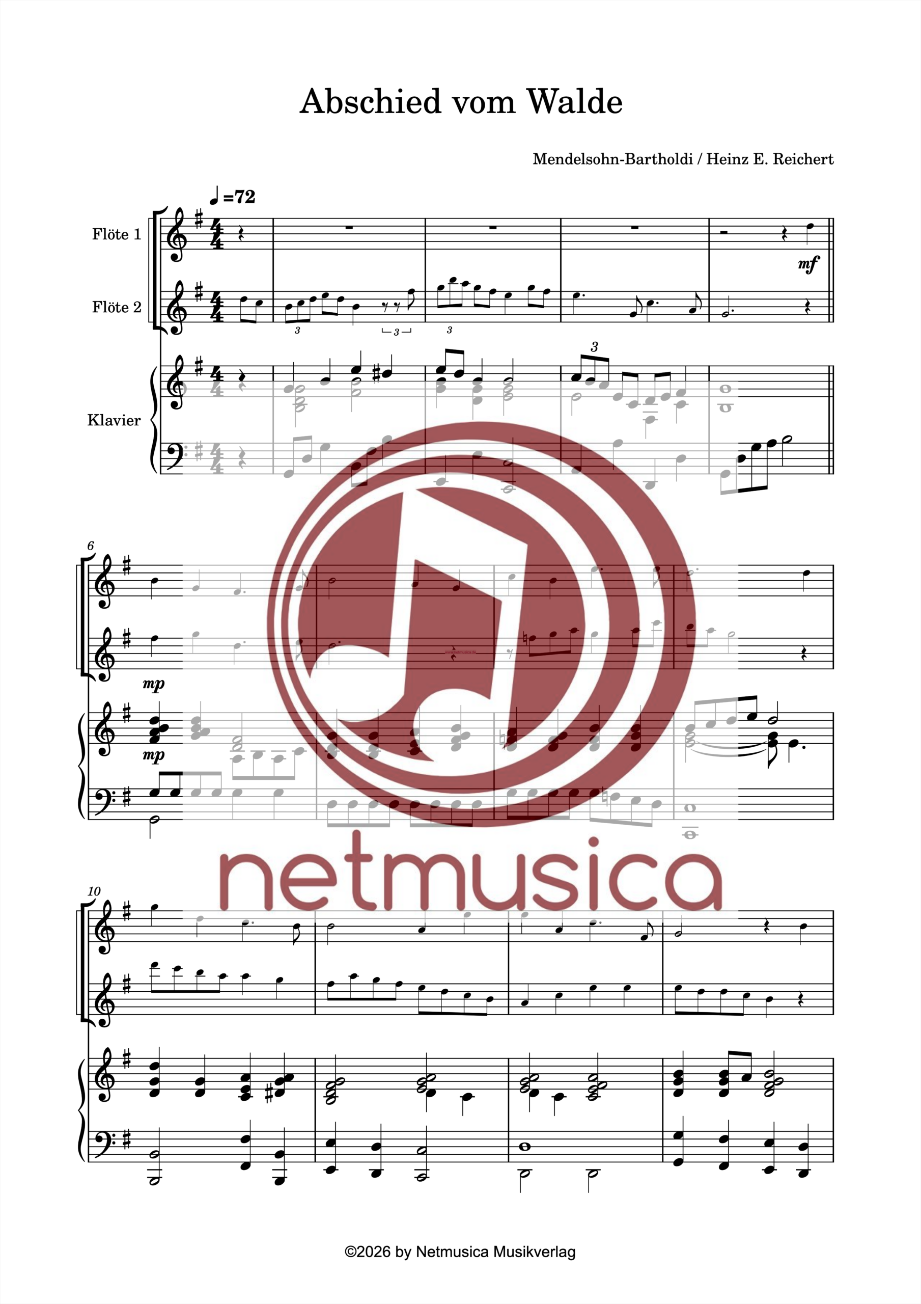"Abschied vom Walde" für 2 Flöten und Klavier (PDF) – Bild 2